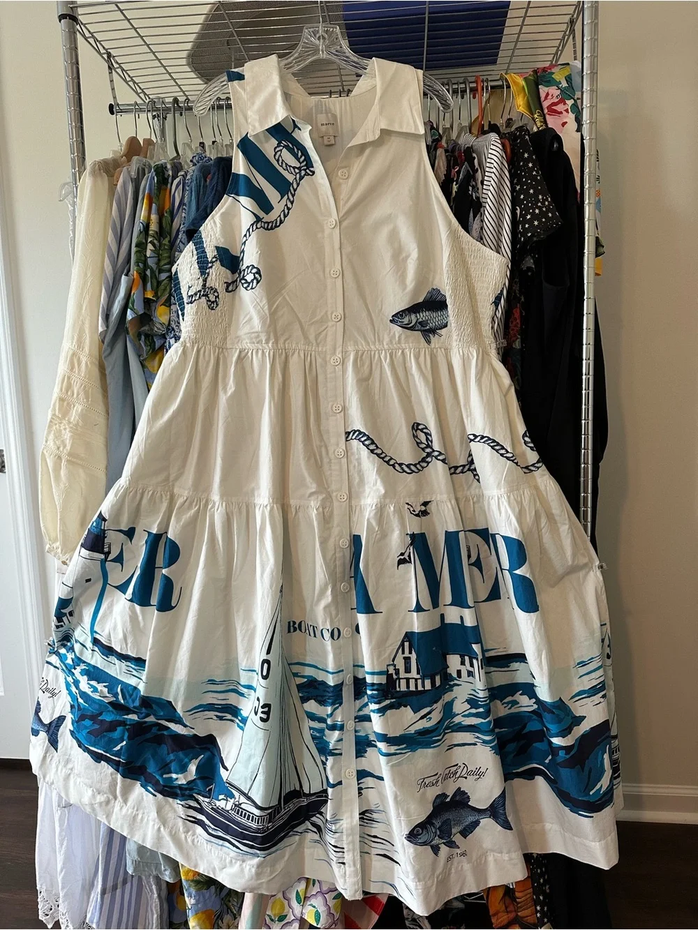 Maeve White & Navy Nautical Button-Front Midi Dress - Picture 8 of 13